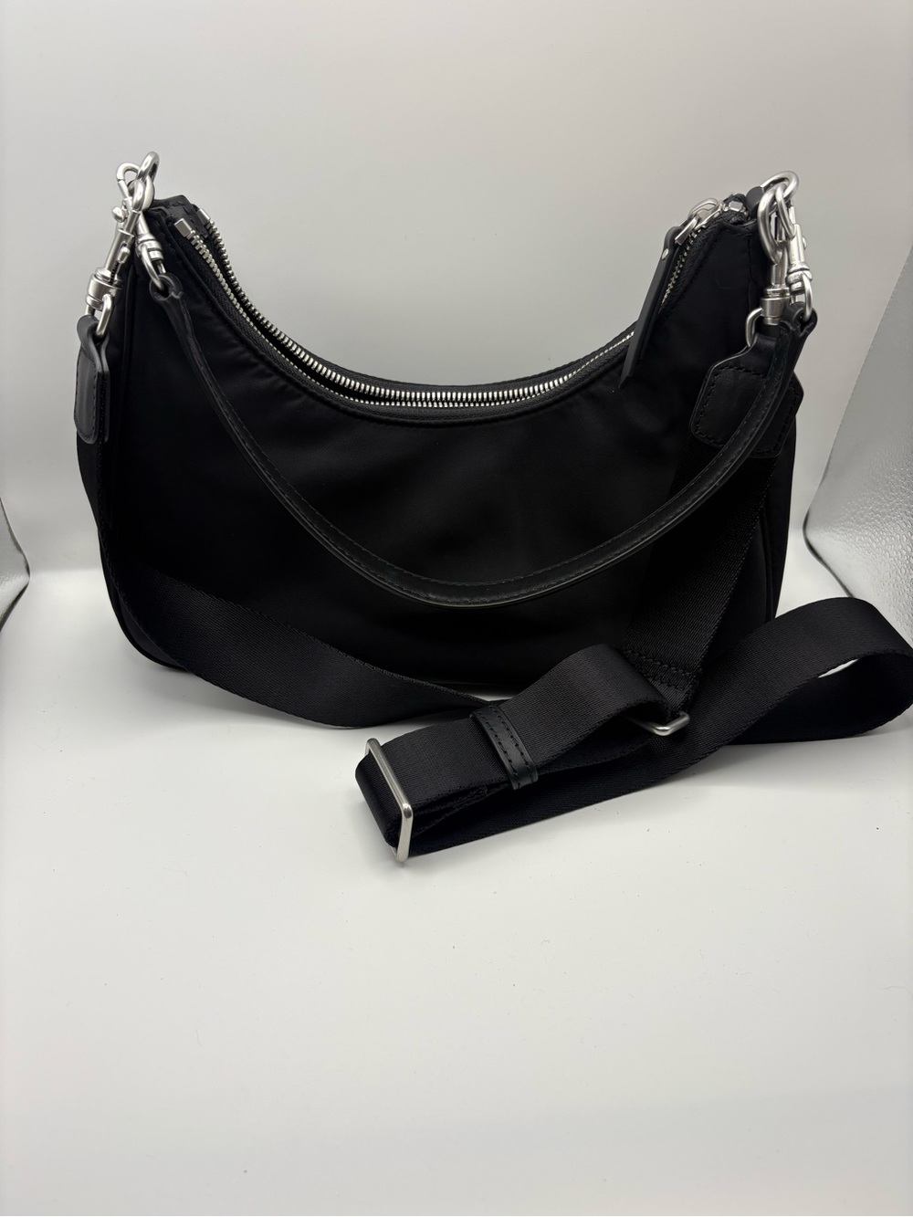Quince Black Nylon crescent Shoulder Bag with Adjustable Strap